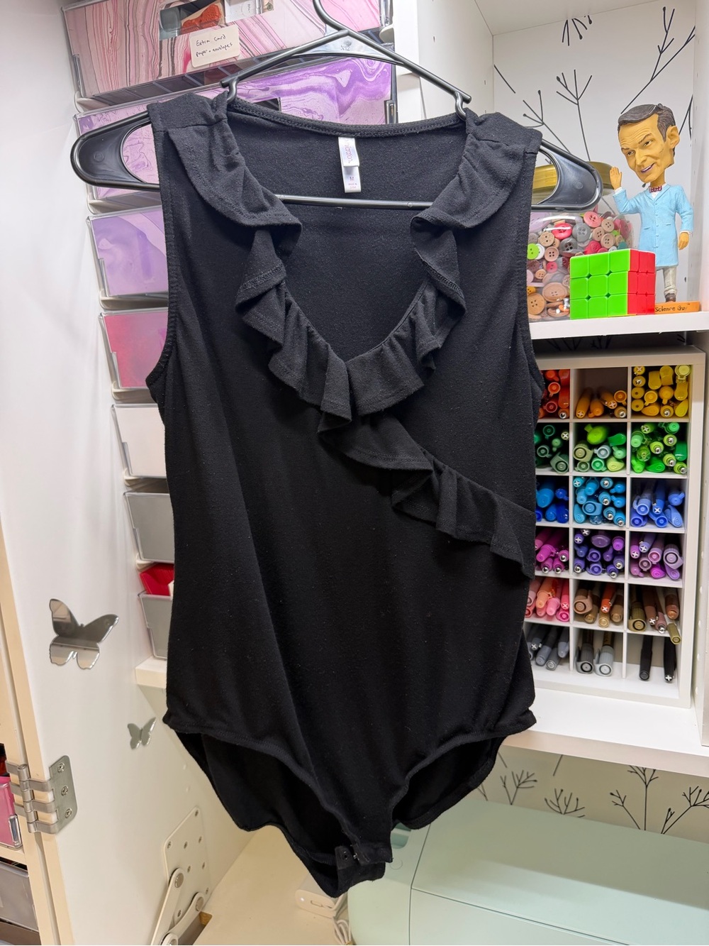 Xhilaration Black Ruffle-Trim One-Piece Bodysuit